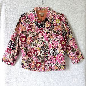 Patrick Christopher Linen Floral Jacket M Sequins Pockets 3/4 Sleeves Artsy